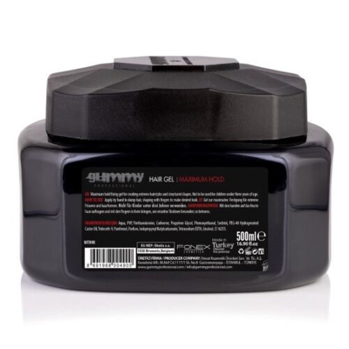 GUMMY PROFESSIONAL HAIR GEL MAXIMUM HOLD, LONG-LASTING HOLD, VITAMIN B5 (PANTHENOL), PARABEN AND ALCOHOL FREE, EDGE CONTROL, EXTREME LOOK, 500 ML