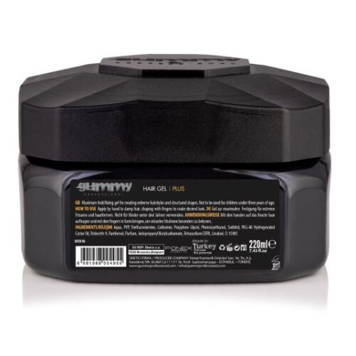 GUMMY PROFESSIONAL HAIR GEL PLUS, VITAMINA B5 (PANTENOL), SIN PARABENOS NI ALCOHOL, CONTROL DE BORDES, ASPECTO EXTREMO, 220 ML